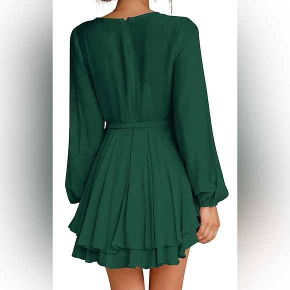 Women's Dress Deep V-Neck Long Sleeve Waist Tie Ruffle Mini Swing Skater Dress - Picture 3 of 5